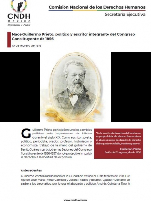Nace Guillermo Prieto, político y escritor integrante del Congreso Constituyente de 1856