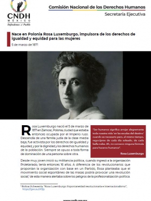 Nace en Polonia Rosa Luxemburgo, impulsora de los derechos de igualdad y equidad para las mujeres