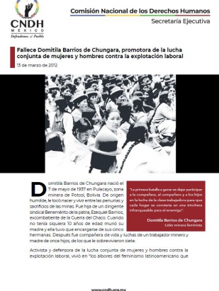 Fallece Domitila Barrios de Chungara, promotora de la lucha conjunta de mujeres y hombres contra la explotación laboral