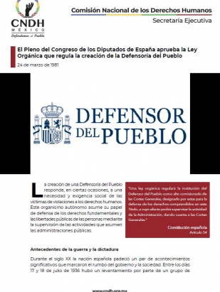 El Pleno del Congreso de los Diputados de España aprueba la Ley Orgánica que regula la creación de la Defensoría del Pueblo