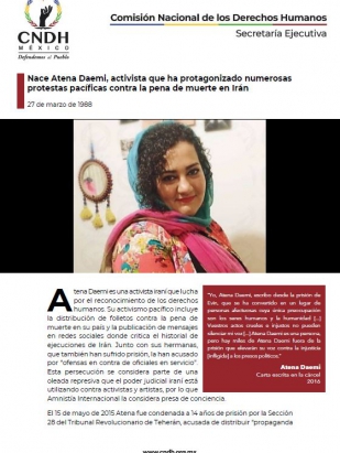 Nace Atena Daemi, activista que ha protagonizado numerosas protestas pacíficas contra la pena de muerte en Irán