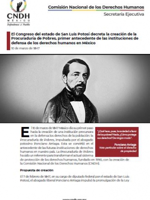 El Congreso del estado de San Luis Potosí decreta la creación de la Procuraduría de Pobres, primer antecedente de las instituciones de defensa de los derechos humanos en México
