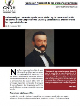 Fallece Miguel Lerdo de Tejada, autor de la Ley de Desamortización de Bienes de las Corporaciones Civiles y Eclesiásticas, precursora de las Leyes de Reforma