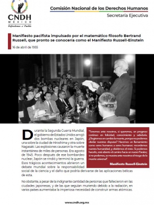 Manifiesto pacifista impulsado por el matemático filosofo Bertrand Russell, que pronto se conocería como el Manifiesto Russell-Einstein