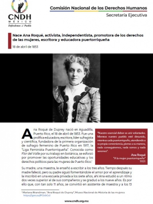 Nace Ana Roqué, activista, independentista, promotora de los derechos de las mujeres, escritora y educadora puertorriqueña