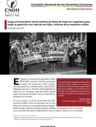 Surge el Movimiento de las Madres de Plaza de Mayo en Argentina para exigir la aparición con vida de sus hijos, víctimas de la represión militar