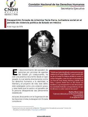 Desaparición forzada de Artemisa Tecla Parra, luchadora social en el periodo de violencia política de Estado en México