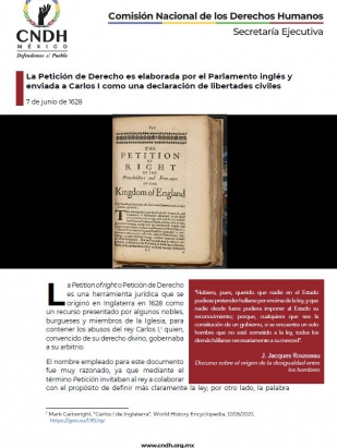 La Petición de Derecho es elaborada por el Parlamento inglés y enviada a Carlos I como una declaración de libertades civiles