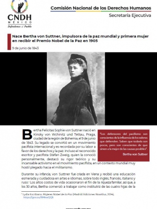 Nace Bertha von Suttner, impulsora de la paz mundial y primera mujer en recibir el Premio Nobel de la Paz en 1905