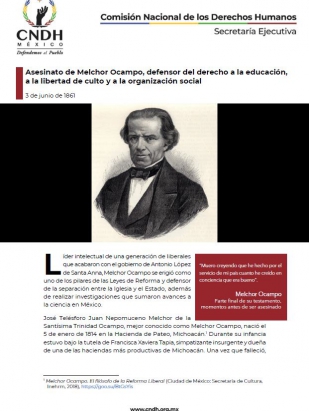Asesinato de Melchor Ocampo, defensor del derecho a la educación, a la libertad de culto y a la organización social