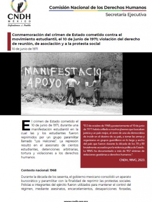Conmemoración del crimen de Estado cometido contra el movimiento estudiantil, el 10 de junio de 1971; violación del derecho de reunión, de asociación y a la protesta social