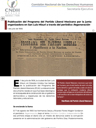 Publicación del Programa del Partido Liberal Mexicano por la junta organizadora en San Luis Misuri a través del periódico Regeneración