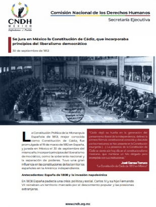 Se jura en México la Constitución de Cádiz, que incorporaba principios del liberalismo democrático
