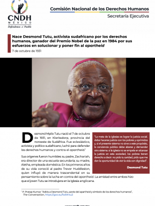 Nace Desmond Tutu, activista sudafricano por los derechos humanos, ganador del Premio Nobel de la paz en 1984 por sus esfuerzos en solucionar y poner fin al apartheid