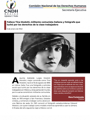 Fallece Tina Modotti, militante comunista italiana y fotógrafa que luchó por los derechos de la clase trabajadora