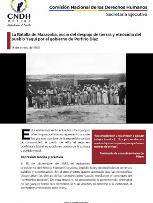 La Batalla de Mazacoba, inicio del despojo de tierras y etnocidio del pueblo Yaqui por el gobierno de Porfirio Díaz