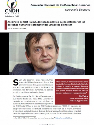 Asesinato de Olof Palme, destacado político sueco defensor de los derechos humanos y promotor del Estado de bienestar