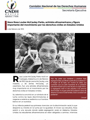 Nace Rosa Louise McCauley Parks, activista afroamericana y figura importante del movimiento por los derechos civiles en Estados Unidos