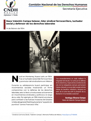 Nace Valentín Campa Salazar, líder sindical ferrocarrilero, luchador social y defensor de los derechos laborales